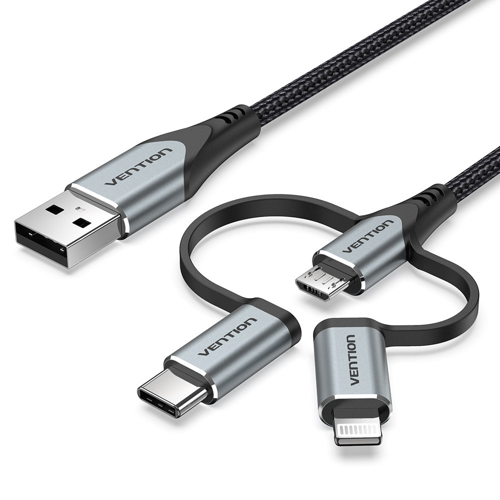 USB 2.0 A Male to 3-in-1 Micro-B&USB-C&Lightning Male Cable |MFi Certified | 1.5M | Gray Aluminum Alloy Type | CQJHG