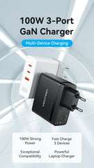 3-Port USB (C+C+A) GaN Charger (100W100W30W) EU-Plug | Multi Device Charging | Laptops,Phones & Tablets