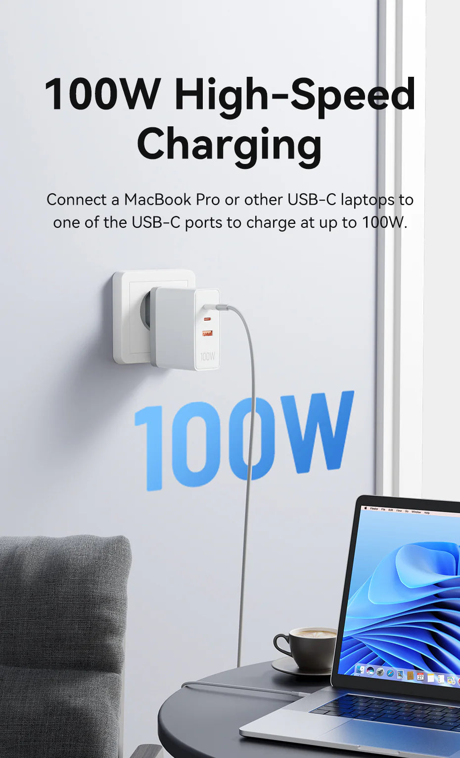 3-Port USB (C+C+A) GaN Charger (100W100W30W) EU-Plug | Multi Device Charging | Laptops,Phones & Tablets