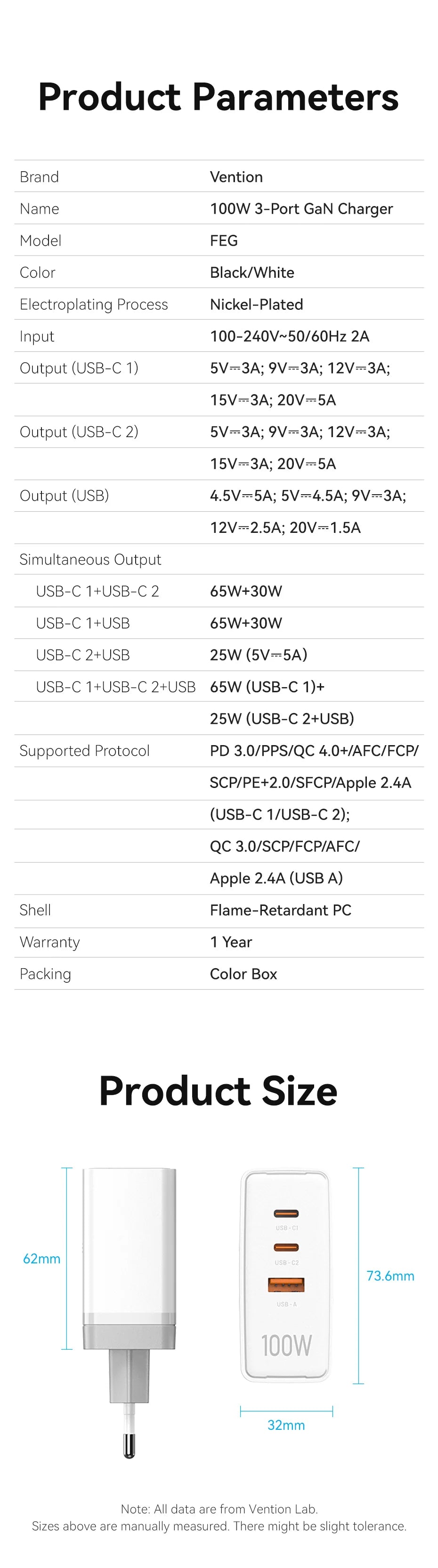 3-Port USB (C+C+A) GaN Charger (100W100W30W) EU-Plug | Multi Device Charging | Laptops,Phones & Tablets