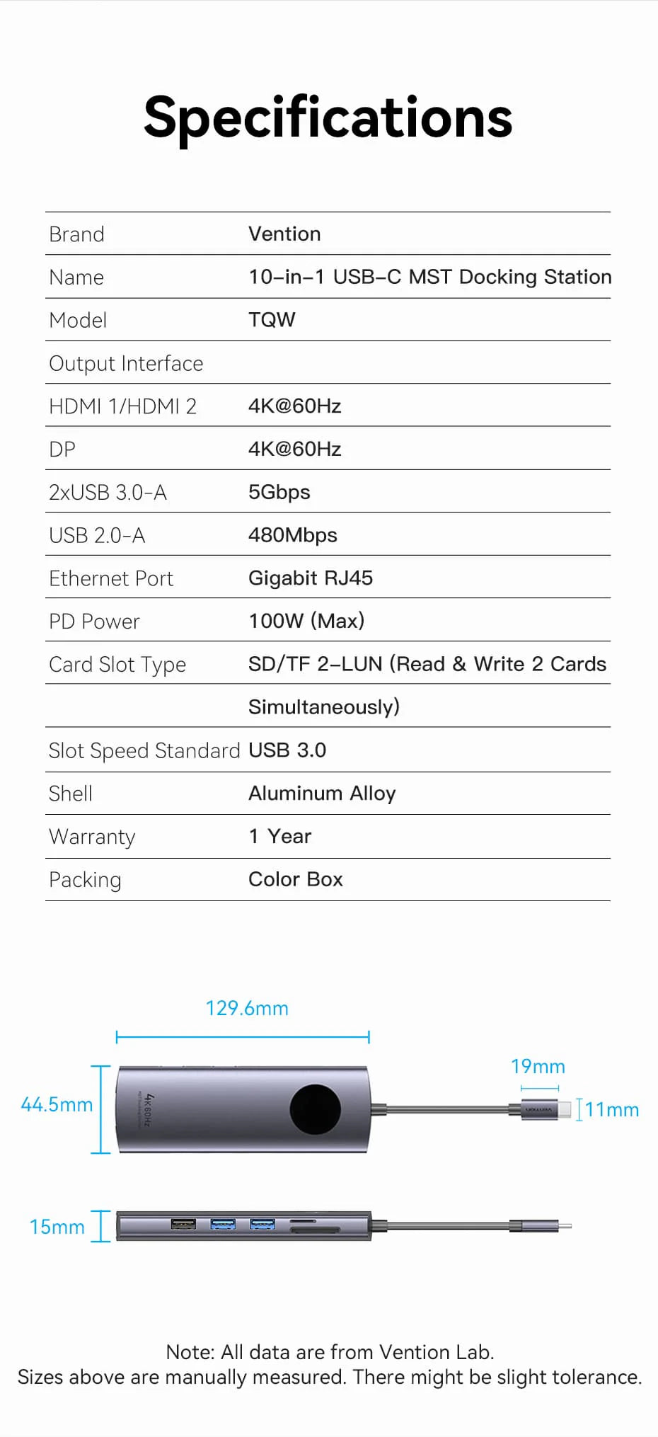 Vention USB-C to DP/HDMI x 2/USB 3.0 x 2/USB 2.0/RJ45/SD/TF/PD MST Docking Station 0.15M Gray Aluminum Alloy Type | TQWHB