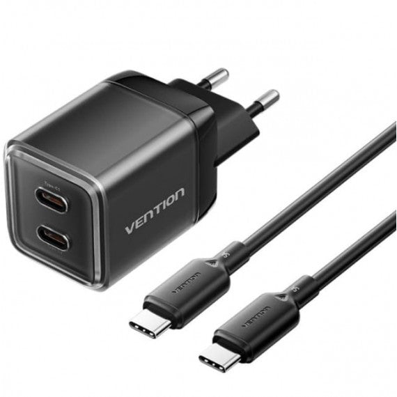 Vention 2-Port USB (C + C) GaN Charger (45W/45W) with 5A USB-C to USB-C Cable | TZ-FCFB0-EU (1M) EU-Plug Black |