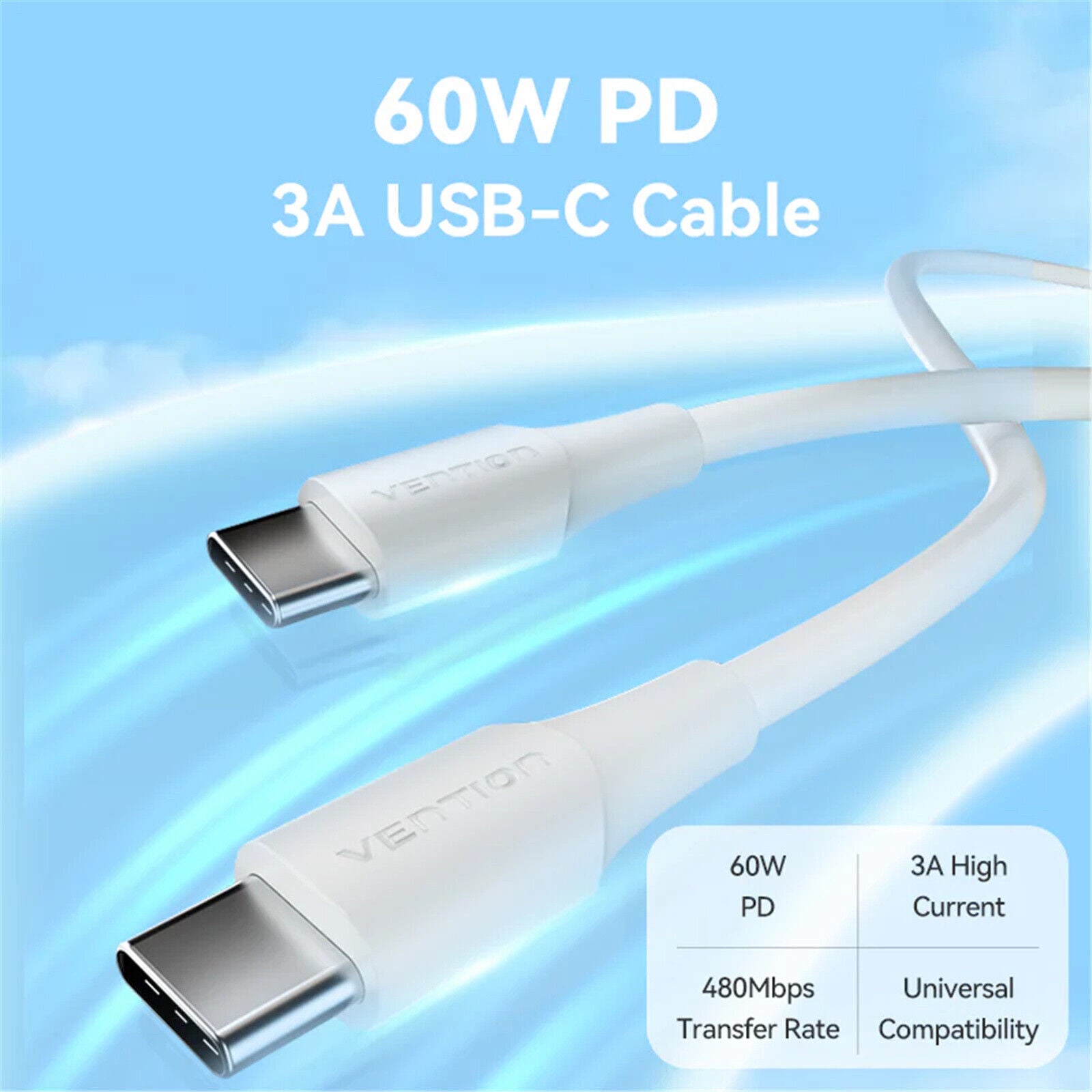 USB 2.0 C Male to C Male 3A Cable | 60W PD | 1M | Fast Charging Cable