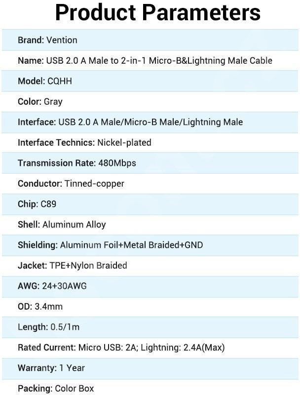 USB 2.0 A Male to 2-in-1 Micro-B&Lightning Male Cable | MFi Certified | 1M Gray Aluminum Alloy  |CQHHF