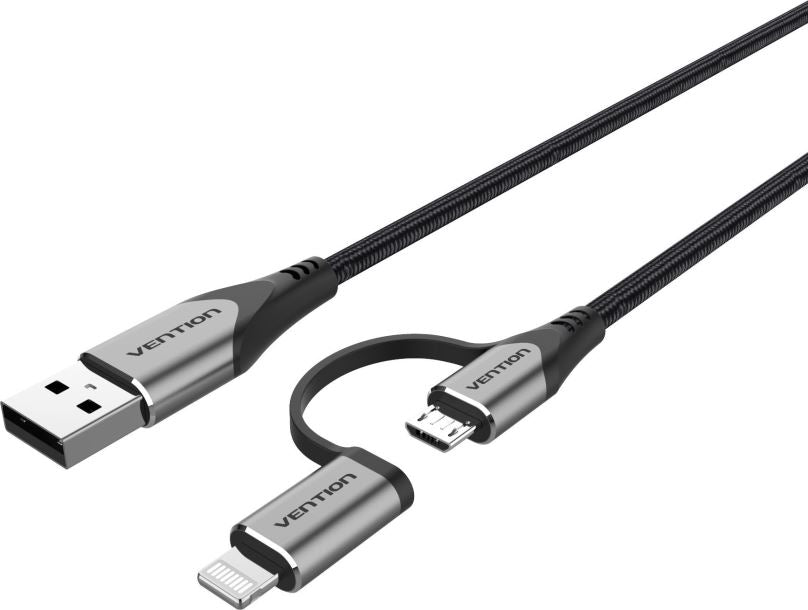 USB 2.0 A Male to 2-in-1 Micro-B&Lightning Male Cable | MFi Certified | 1M Gray Aluminum Alloy  |CQHHF