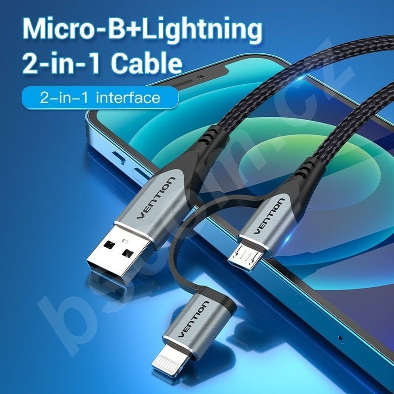 USB 2.0 A Male to 2-in-1 Micro-B&Lightning Male Cable | MFi Certified | 1M Gray Aluminum Alloy  |CQHHF