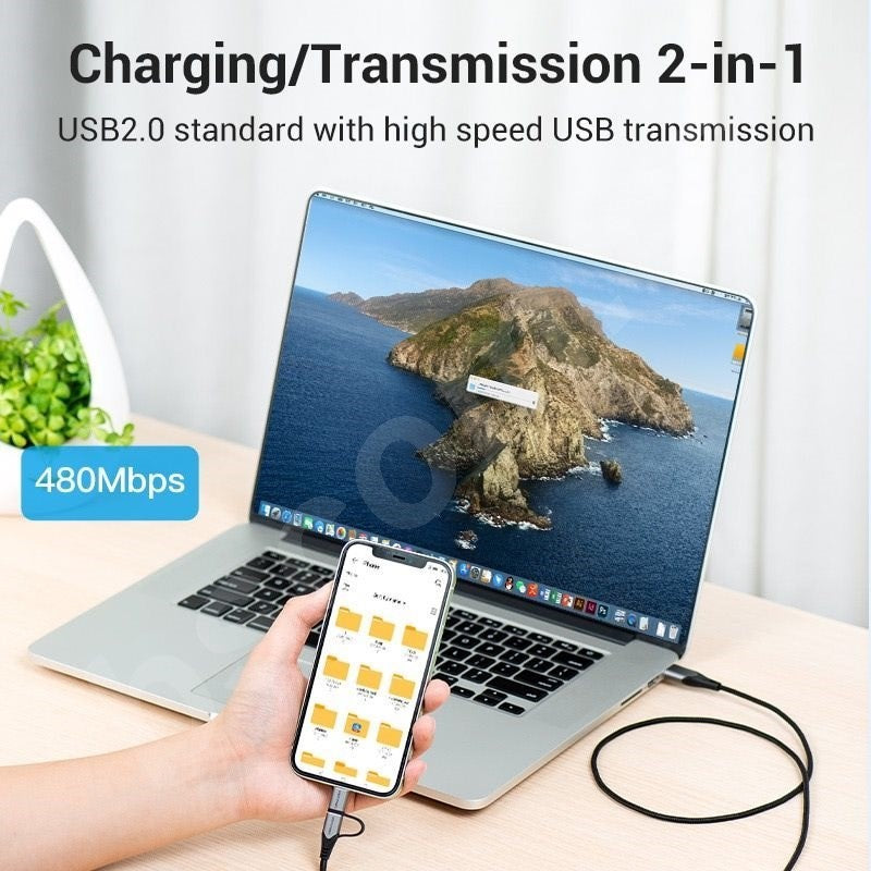 USB 2.0 A Male to 2-in-1 Micro-B&Lightning Male Cable | MFi Certified | 1M Gray Aluminum Alloy  |CQHHF