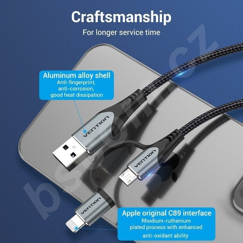 USB 2.0 A Male to 2-in-1 Micro-B&Lightning Male Cable | MFi Certified | 1M Gray Aluminum Alloy  |CQHHF