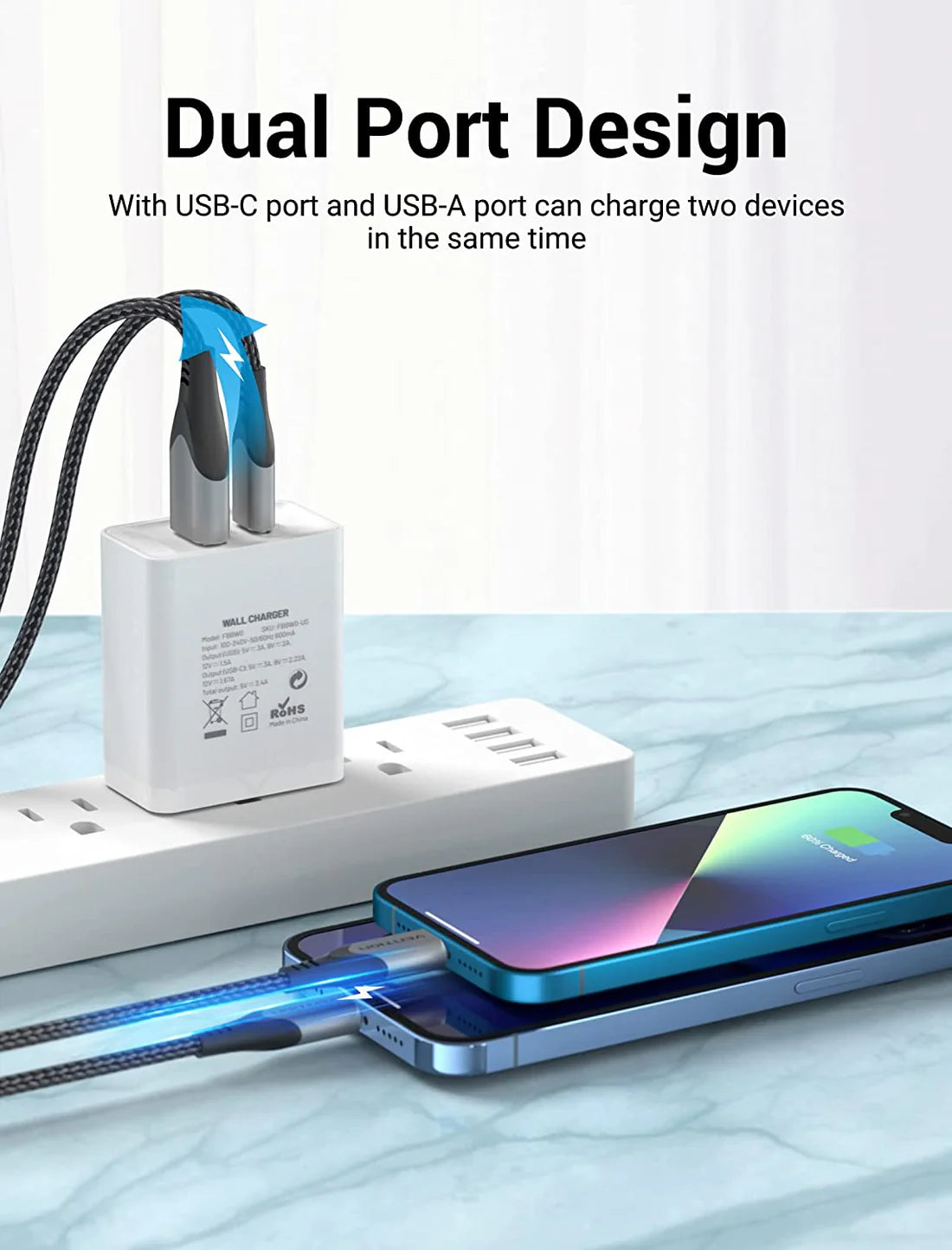 Vention Two-Port USB(A+C) Wall Charger (18W QC 3.0/20W PD ) EU-Plug | Supports Android , Apple Phones & Watches