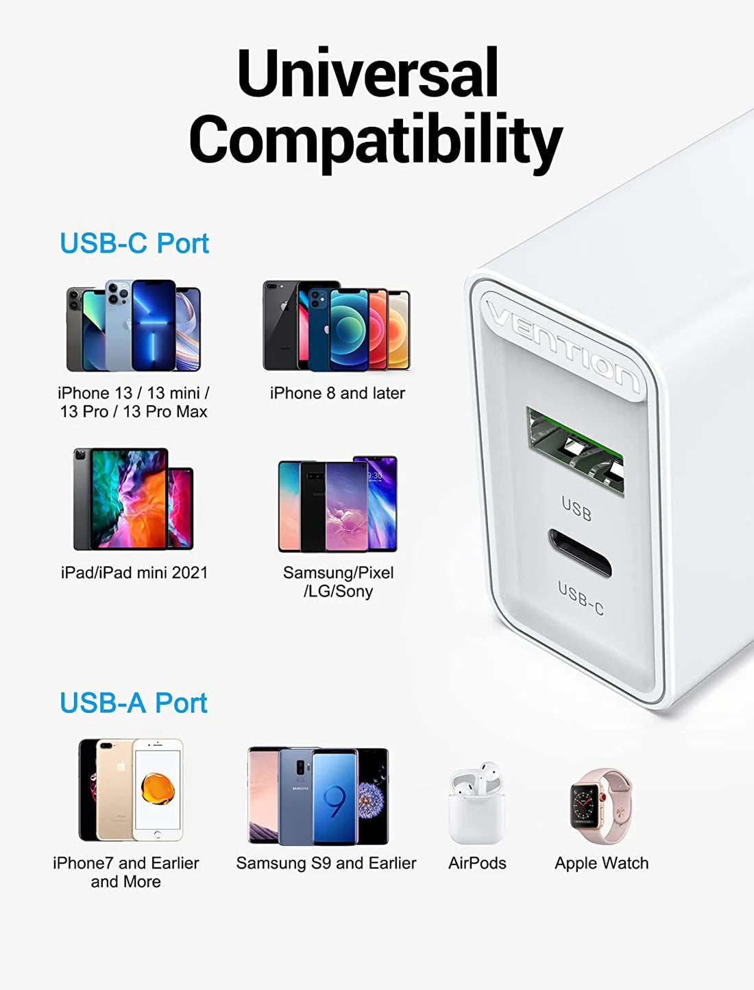 Vention Two-Port USB(A+C) Wall Charger (18W QC 3.0/20W PD ) EU-Plug | Supports Android , Apple Phones & Watches