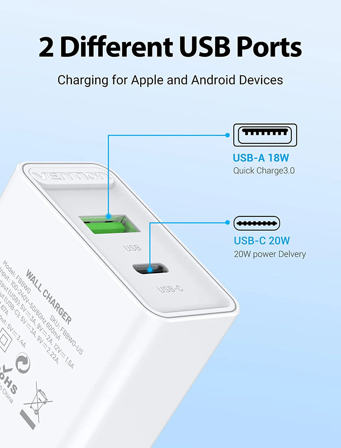 Vention Two-Port USB(A+C) Wall Charger (18W QC 3.0/20W PD ) EU-Plug | Supports Android , Apple Phones & Watches