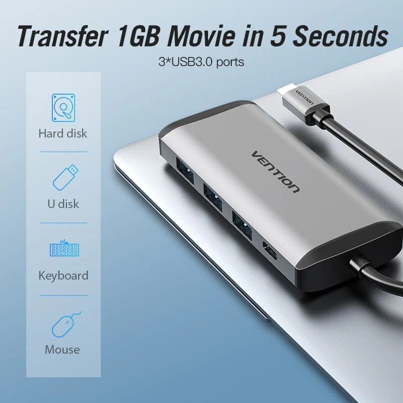 Vention Type-C to HDMI/USB3.0*3/RJ45/TF/SD/PD Converter