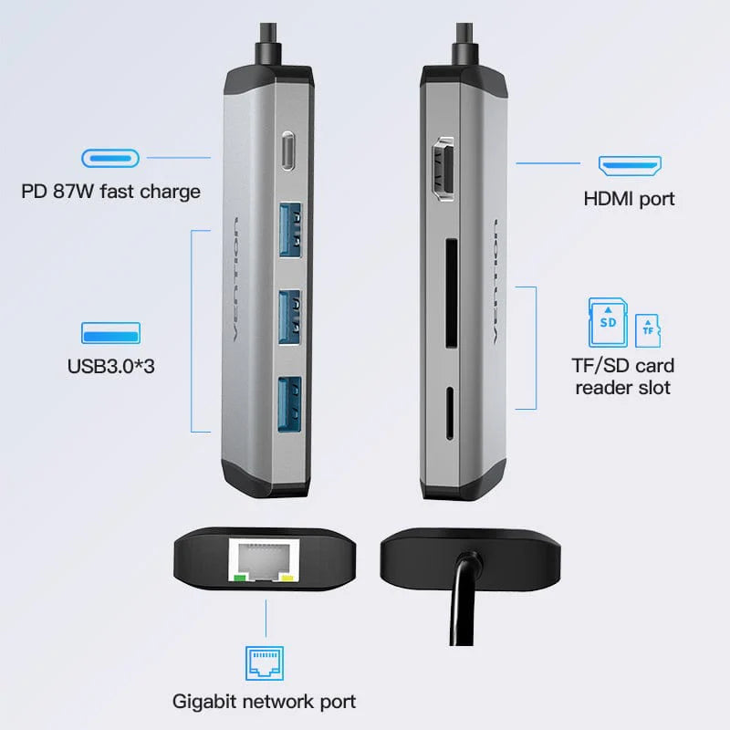 Vention Type-C to HDMI/USB3.0*3/RJ45/TF/SD/PD Converter | CNDBH