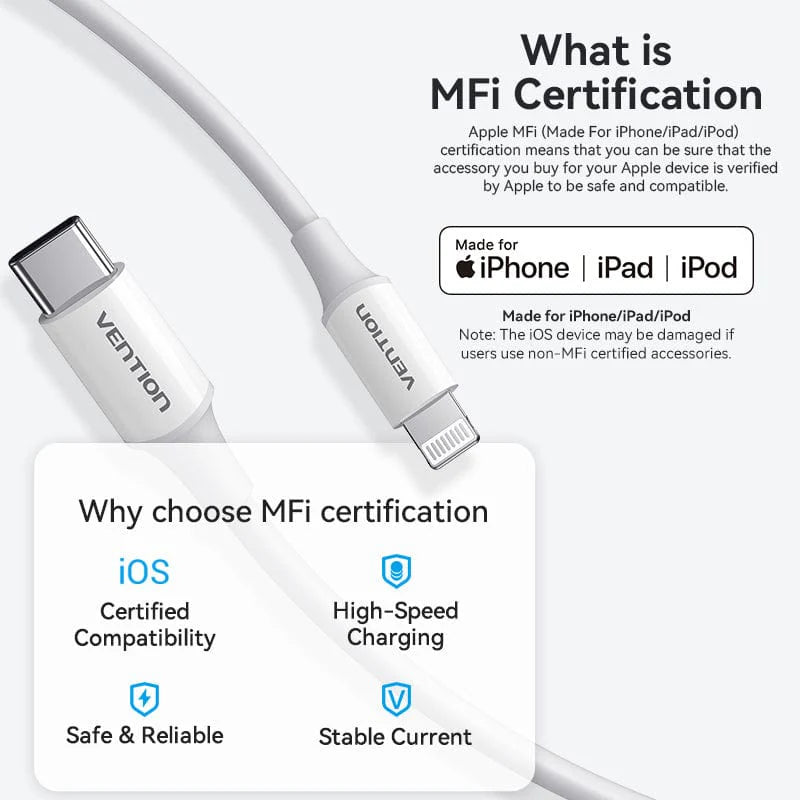 USB 2.0 C Male to Lightning Male 3A Cable | MFi Certified | 30W PD | TASWF