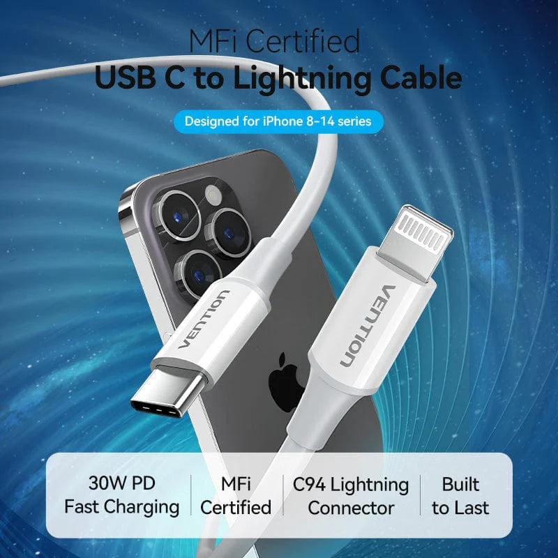 USB 2.0 C Male to Lightning Male 3A Cable | MFi Certified | 30W PD | TASWF